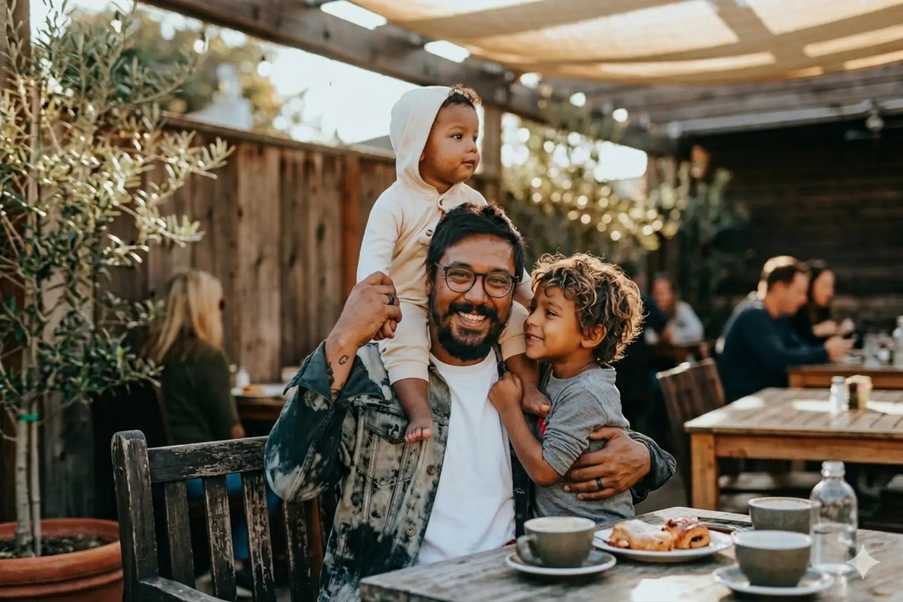 Pai com os filhos representando proteção familiar